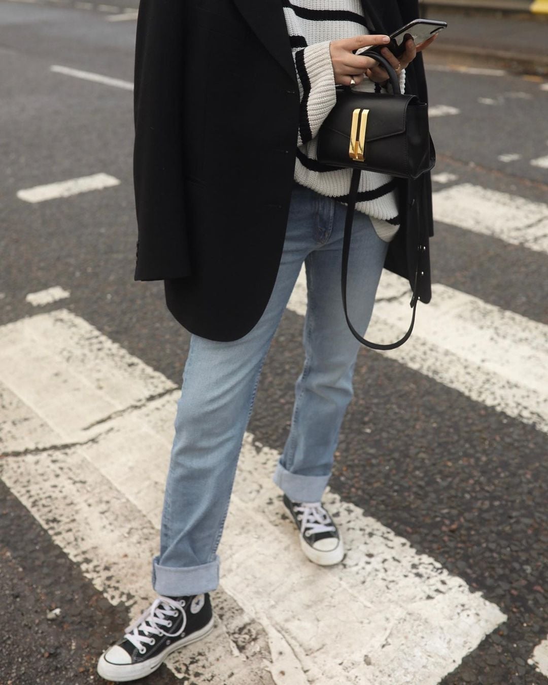 Black Blazer Over Striped Sweater with Converse and Straight Leg Jeans — Classy Converse Outfits Black