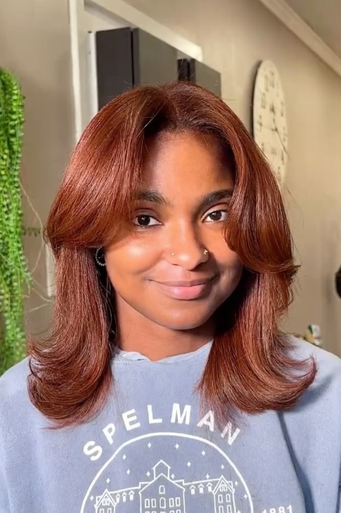 Warm Copper Collarbone Bob With Curtain Bangs — Classy Copper Hair on Black Women