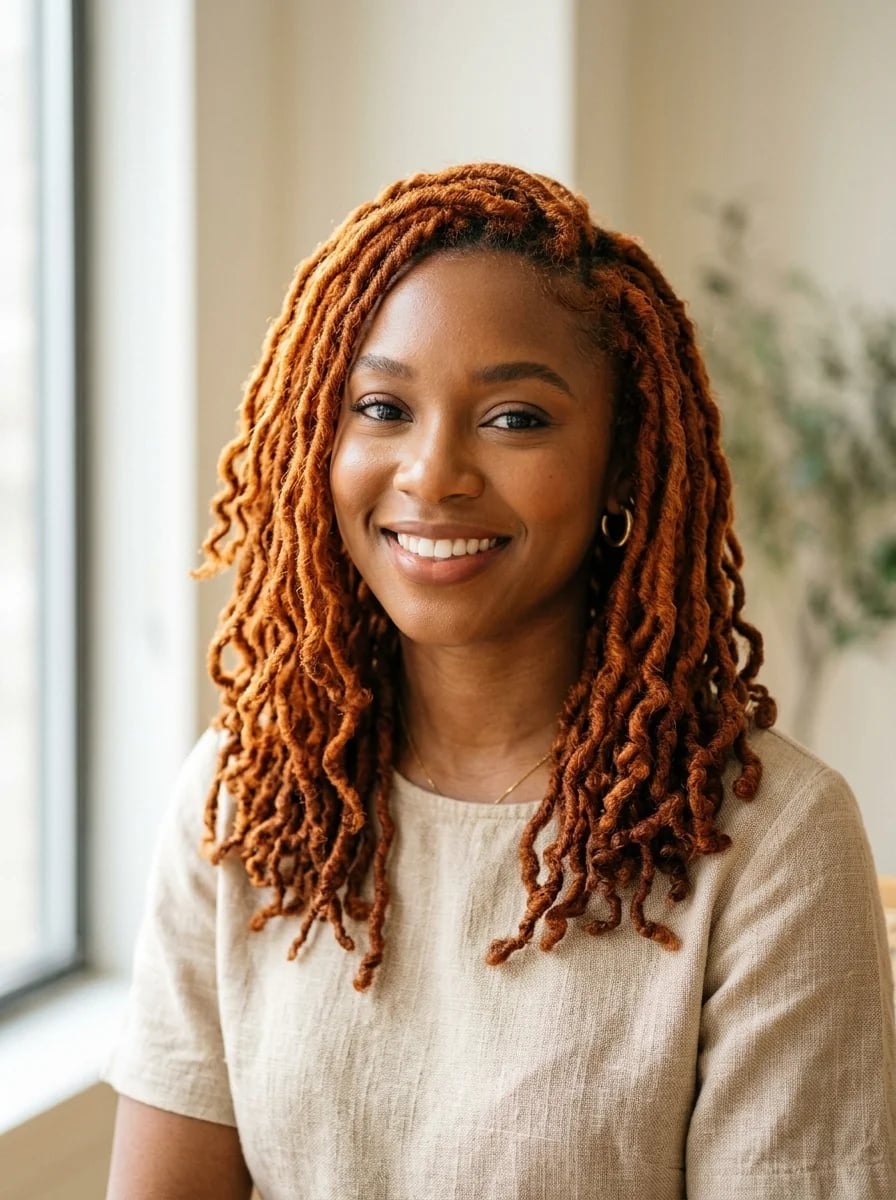 Bright Copper Shoulder Length Locs — Classy Copper Hair on Black Women