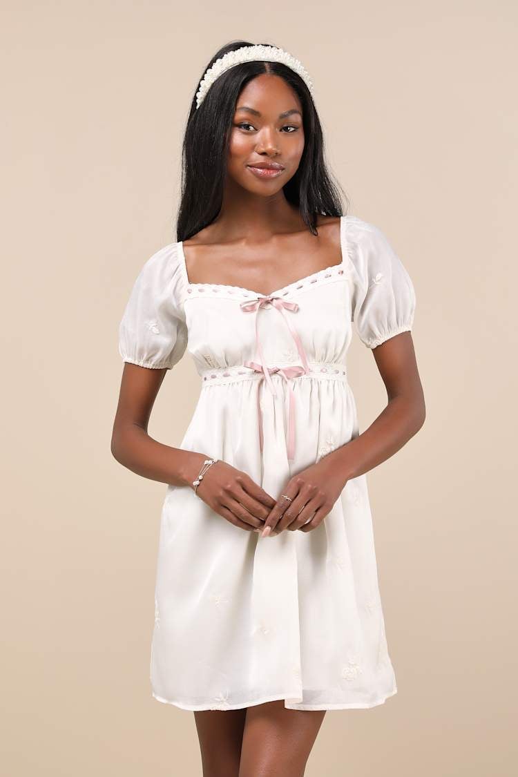 Ivory Puff Sleeve Dress with Pink Ribbon Ties Ivory Puff Sleeve Dress with Pink Ribbon Ties — Classy Coquette Outfits