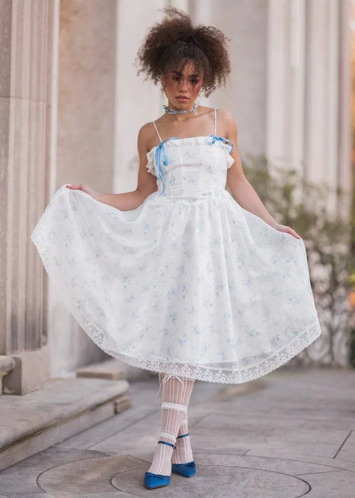 White Floral Dress with Blue Ribbon Details White Floral Dress with Blue Ribbon Details — Classy Coquette Outfits