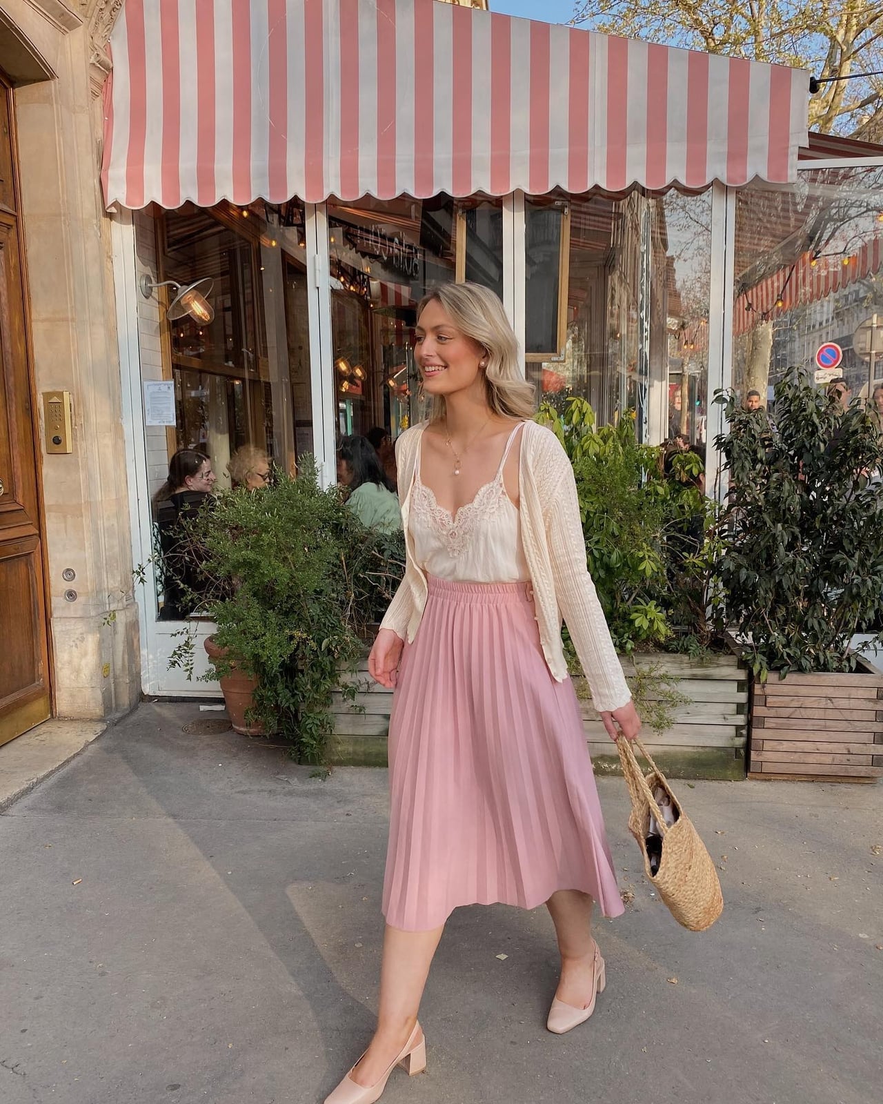 Pastel Pink Pleated Midi Skirt with Lace Camisole Pastel Pink Pleated Midi Skirt with Lace Camisole — Classy Coquette Outfits