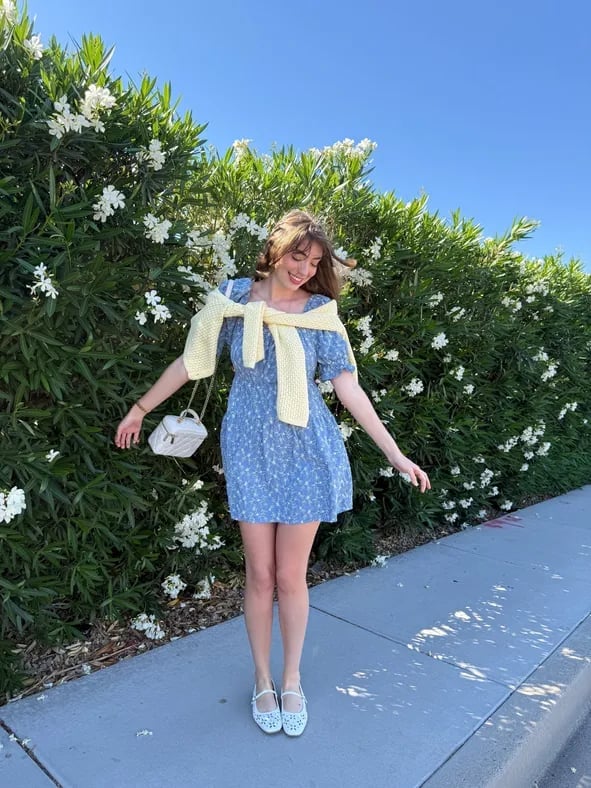 Blue Floral Mini Dress with Yellow Cardigan Blue Floral Mini Dress with Yellow Cardigan — Classy Coquette Outfits