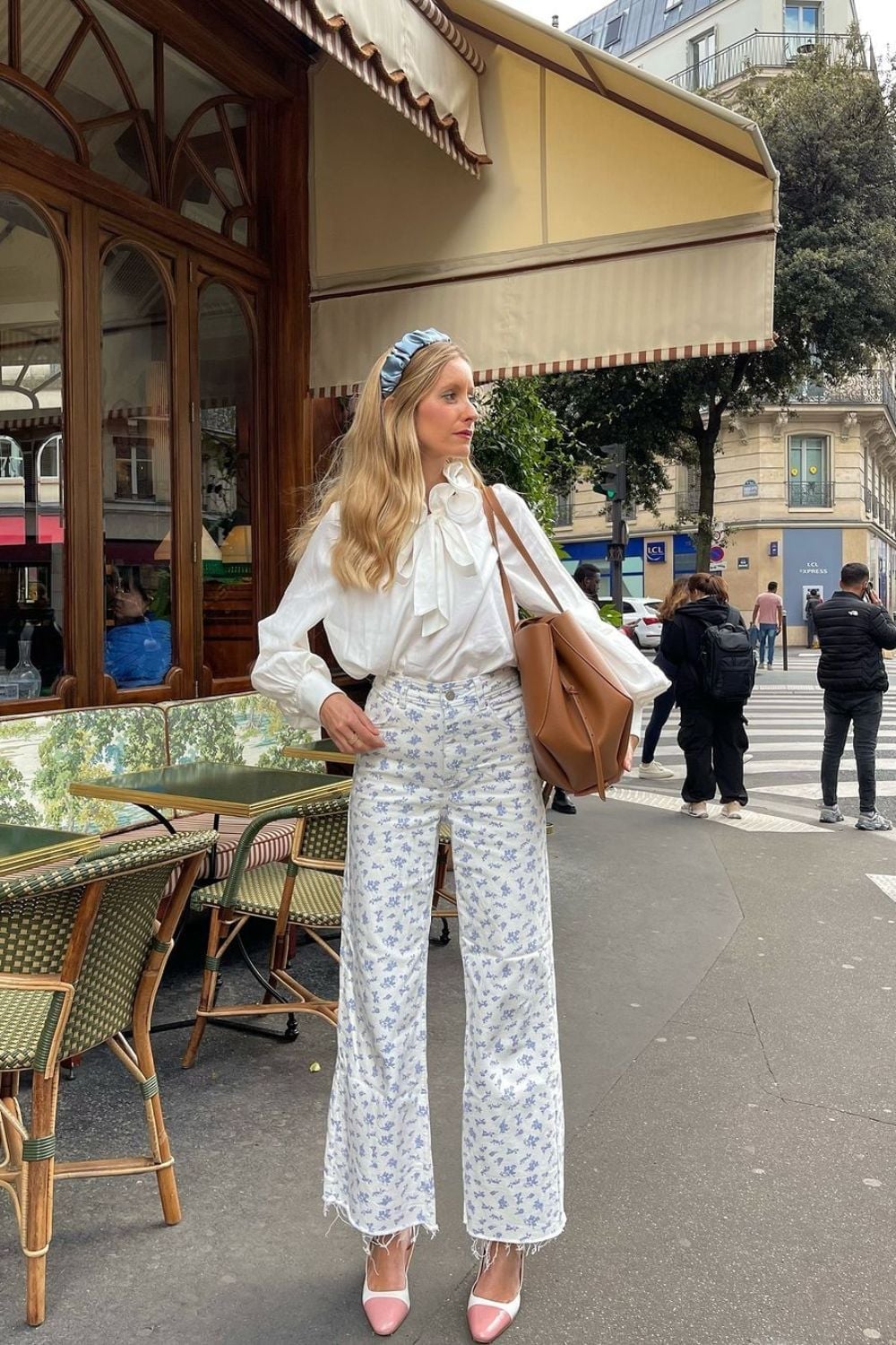 White Bow Blouse with Floral Wide-Leg Pants White Bow Blouse with Floral Wide-Leg Pants — Classy Coquette Outfits