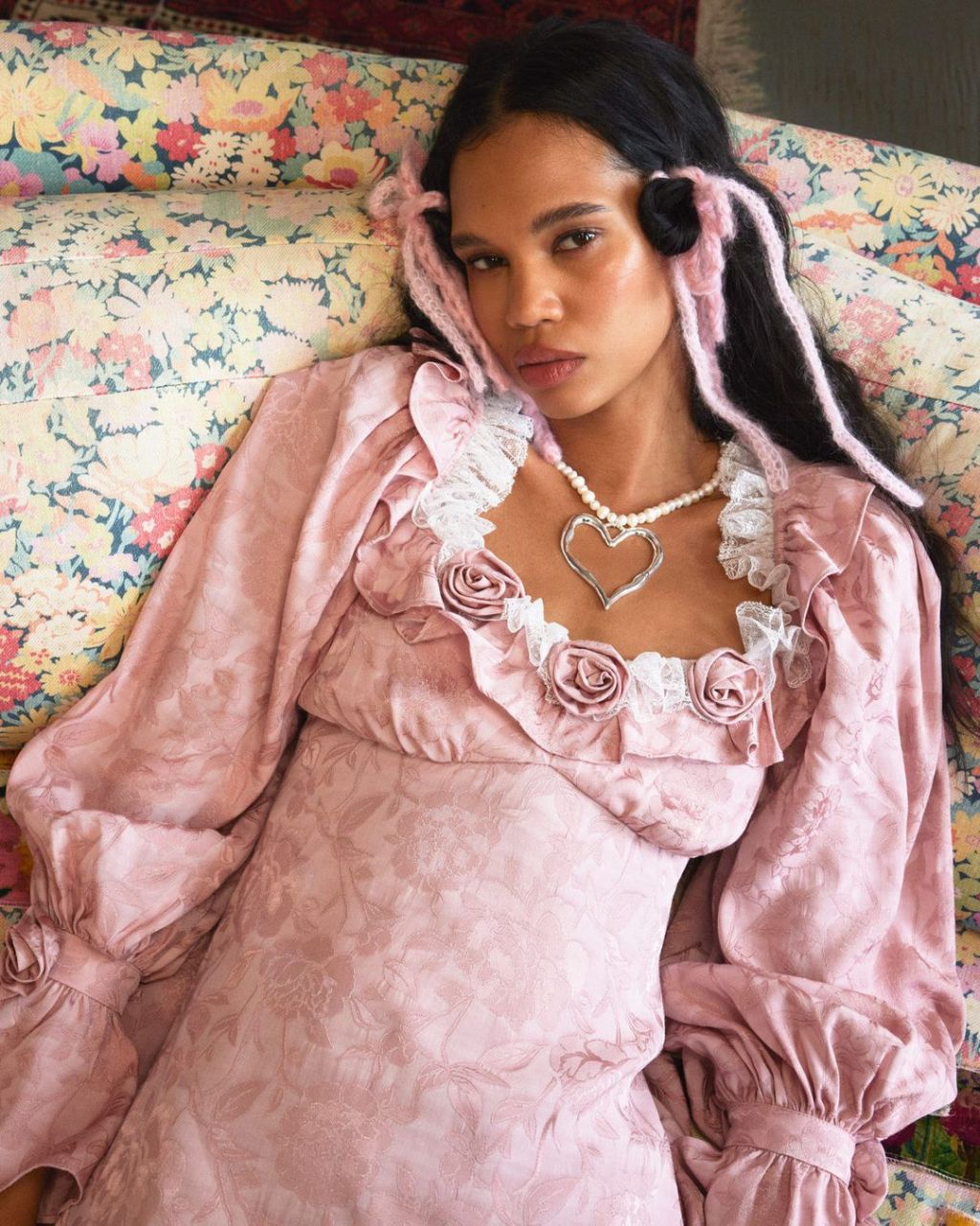 Pink Floral Jacquard Dress with Ruffled Collar Pink Floral Jacquard Dress with Ruffled Collar — Classy Coquette Outfits