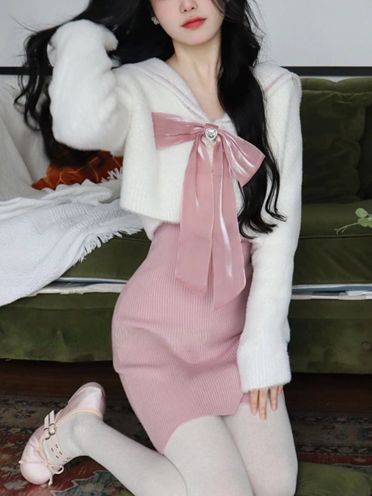 White Cropped Cardigan with Pink Ribbon Bow White Cropped Cardigan with Pink Ribbon Bow — Classy Coquette Outfits