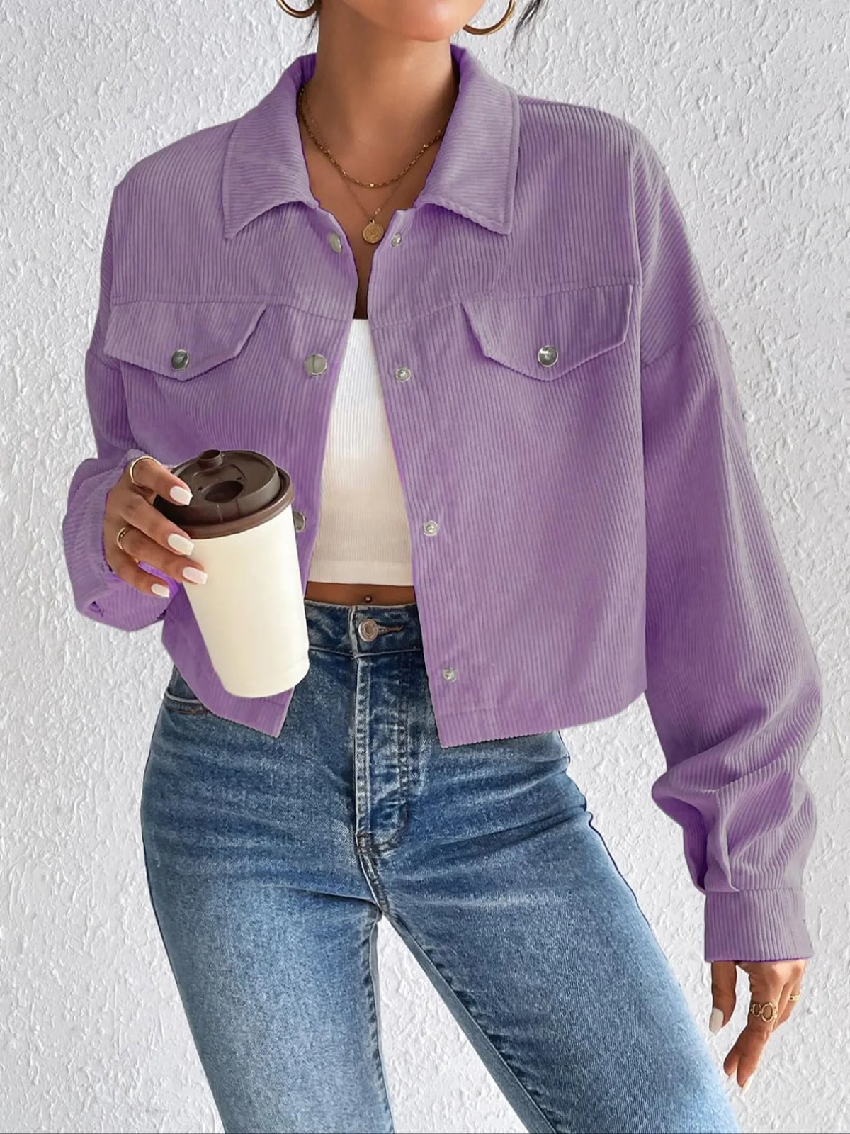 Cropped Purple Corduroy Jacket With White Crop Top And Jeans Cropped Purple Corduroy Jacket With White Crop Top And Jeans — Classy Corduroy Jacket Outfits