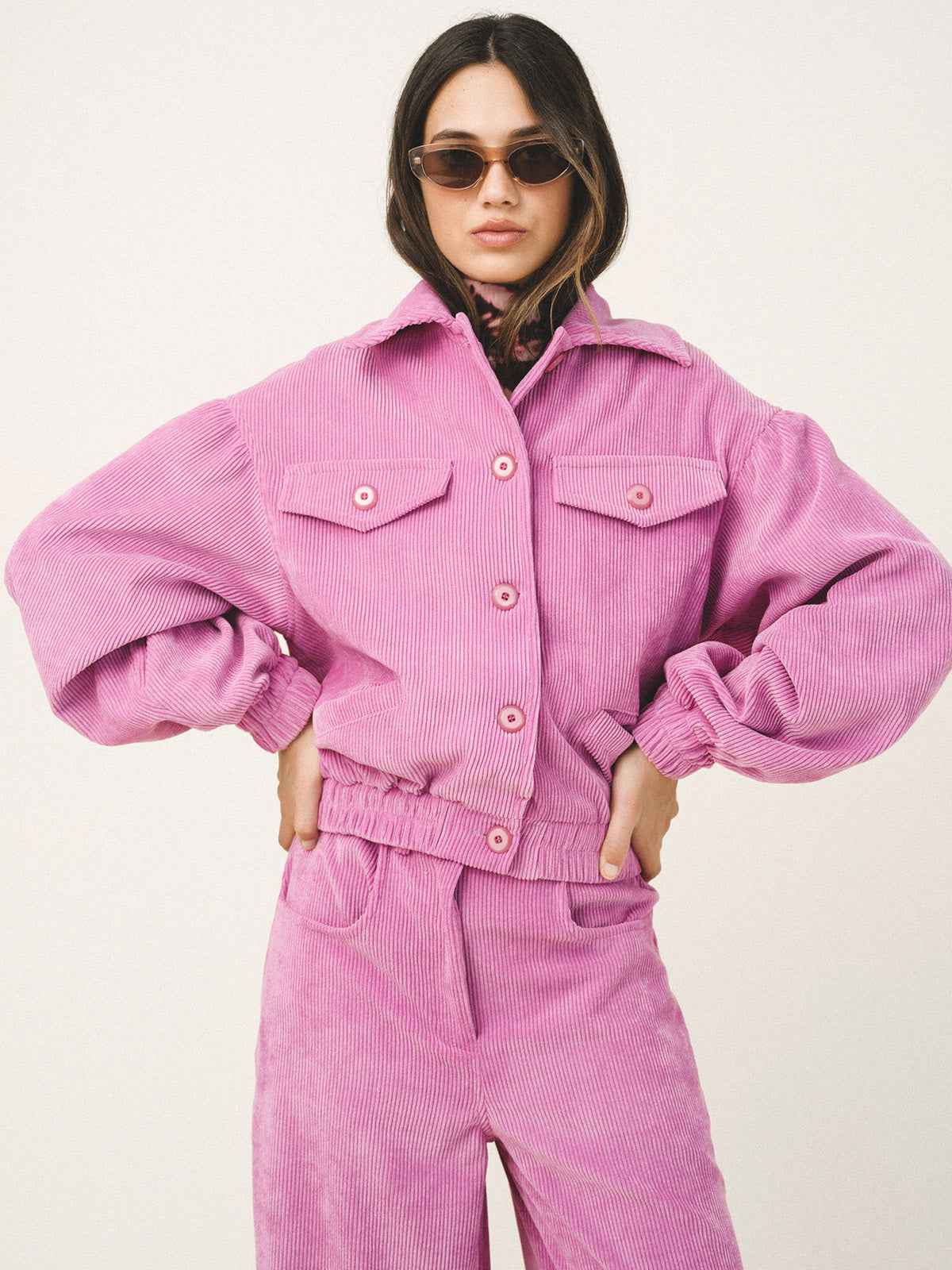 Bright Pink Cropped Corduroy Jacket With Matching Trousers Bright Pink Cropped Corduroy Jacket With Matching Trousers — Classy Corduroy Jacket Outfits