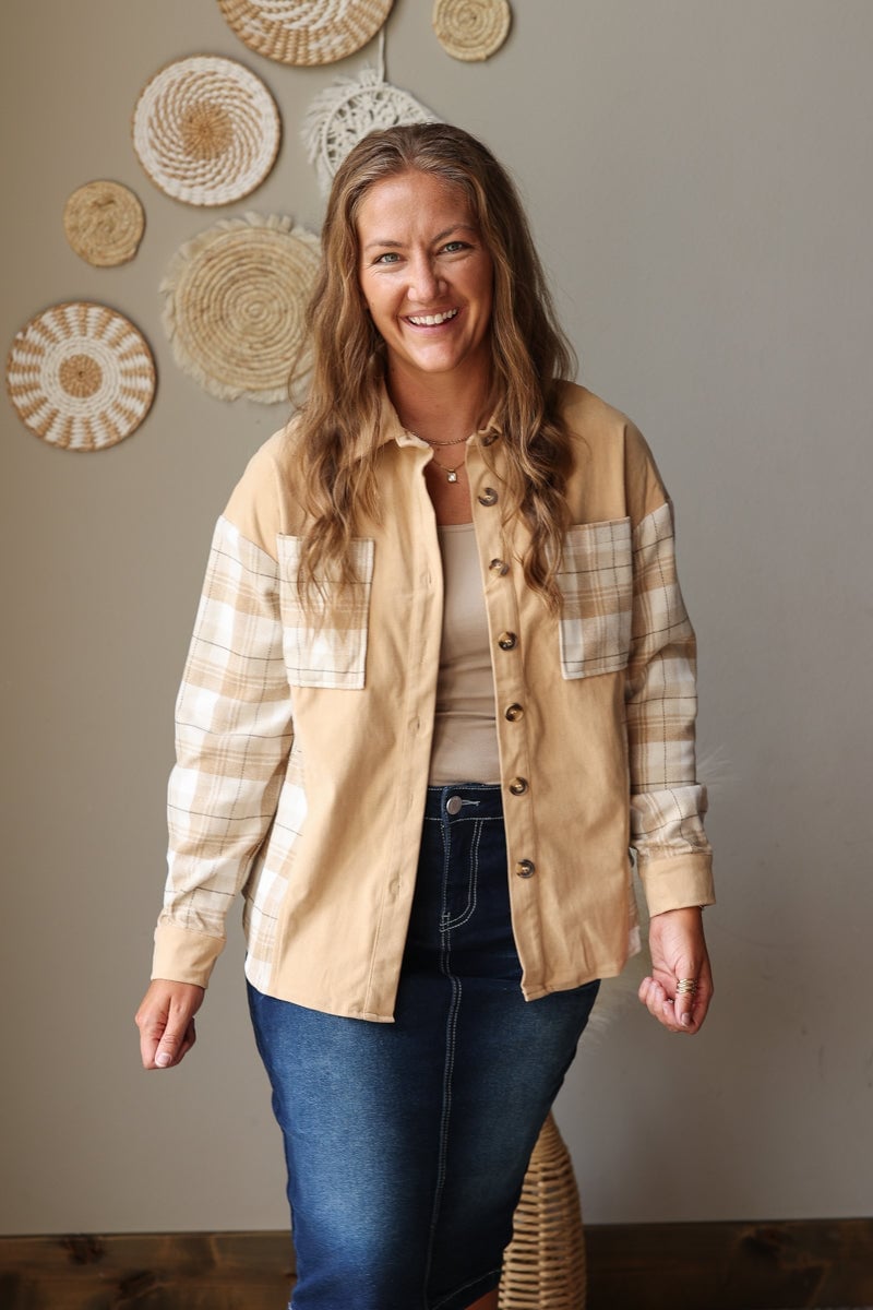 Beige Corduroy Shacket With Plaid Sleeves And Denim Skirt Beige Corduroy Shacket With Plaid Sleeves And Denim Skirt — Classy Corduroy Jacket Outfits