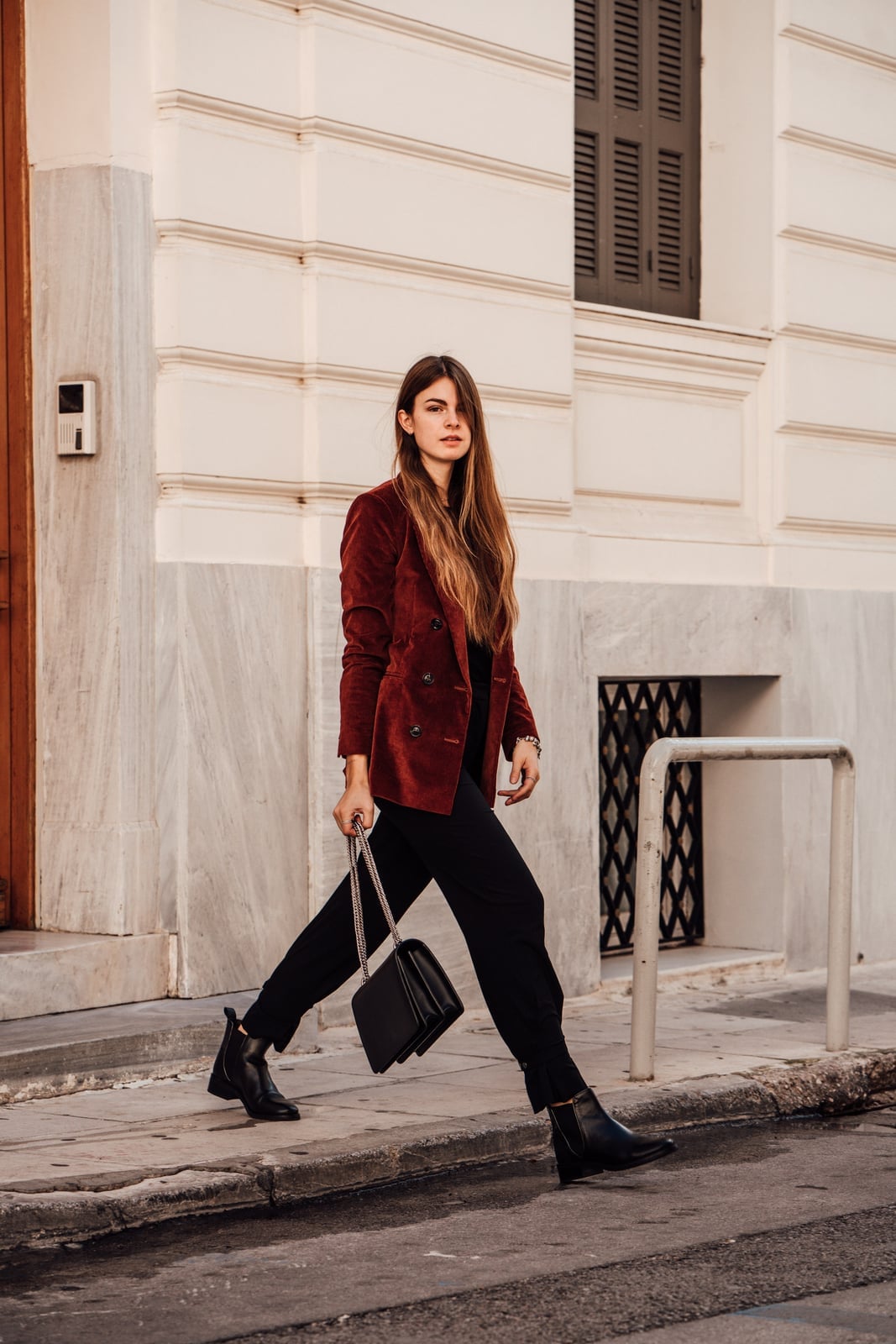 Red Corduroy Blazer With Black Top And Trousers Red Corduroy Blazer With Black Top And Trousers — Classy Corduroy Jacket Outfits