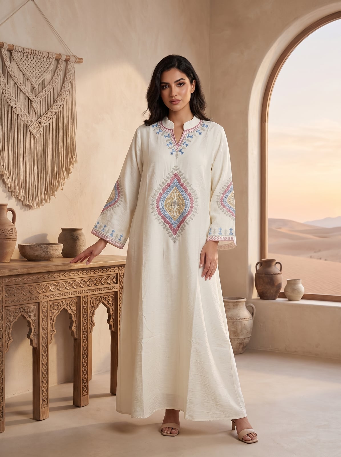Embroidered Cream Kaftan Dress With Beige Flat Sandals — Classy Cream Outfits