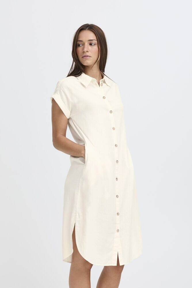 Cream Linen Shirt Dress, Close-Up Take — Classy Cream Outfits