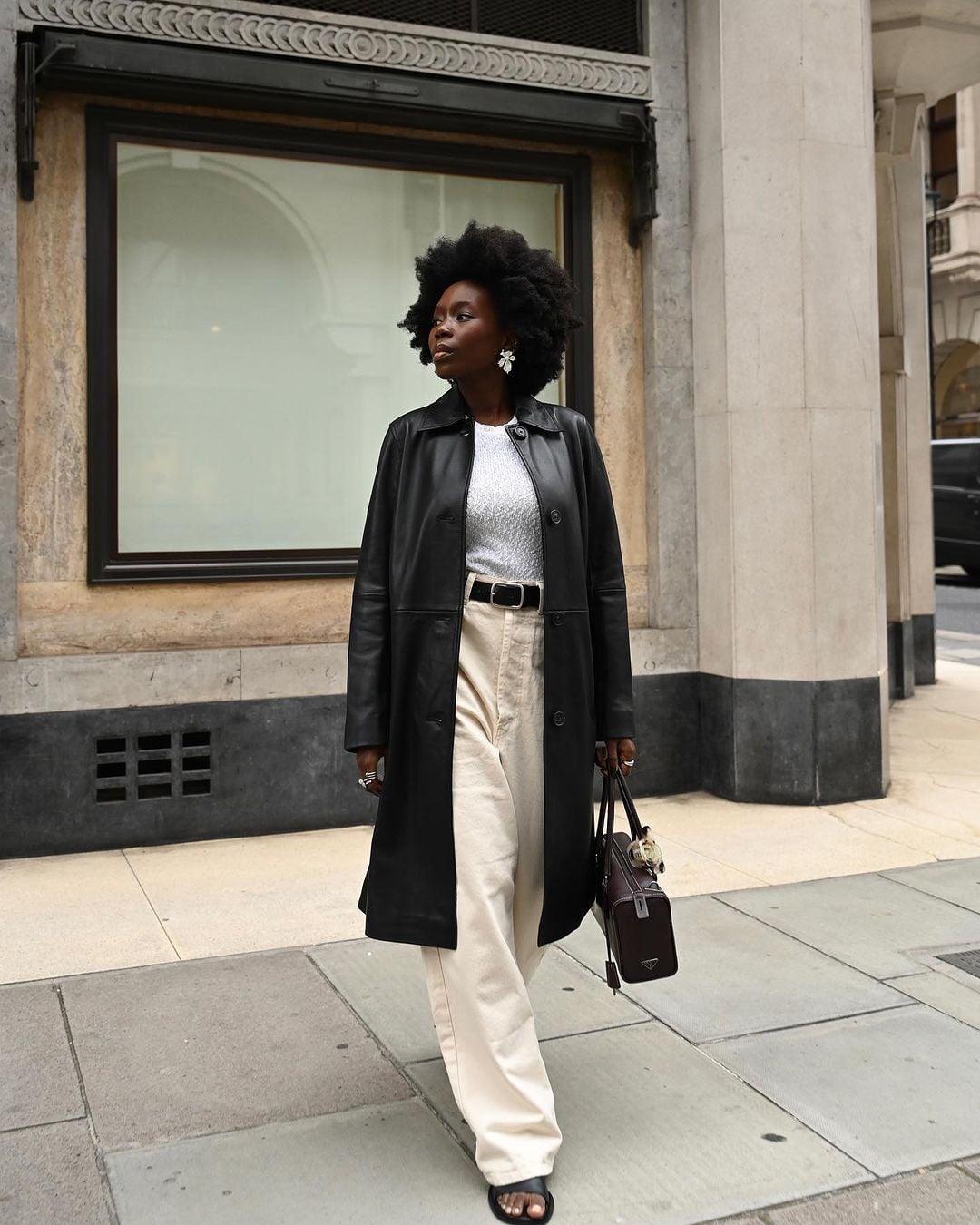 Cream Trousers with Leather Trench Coat and Brown Handbag — Classy Cream Outfits