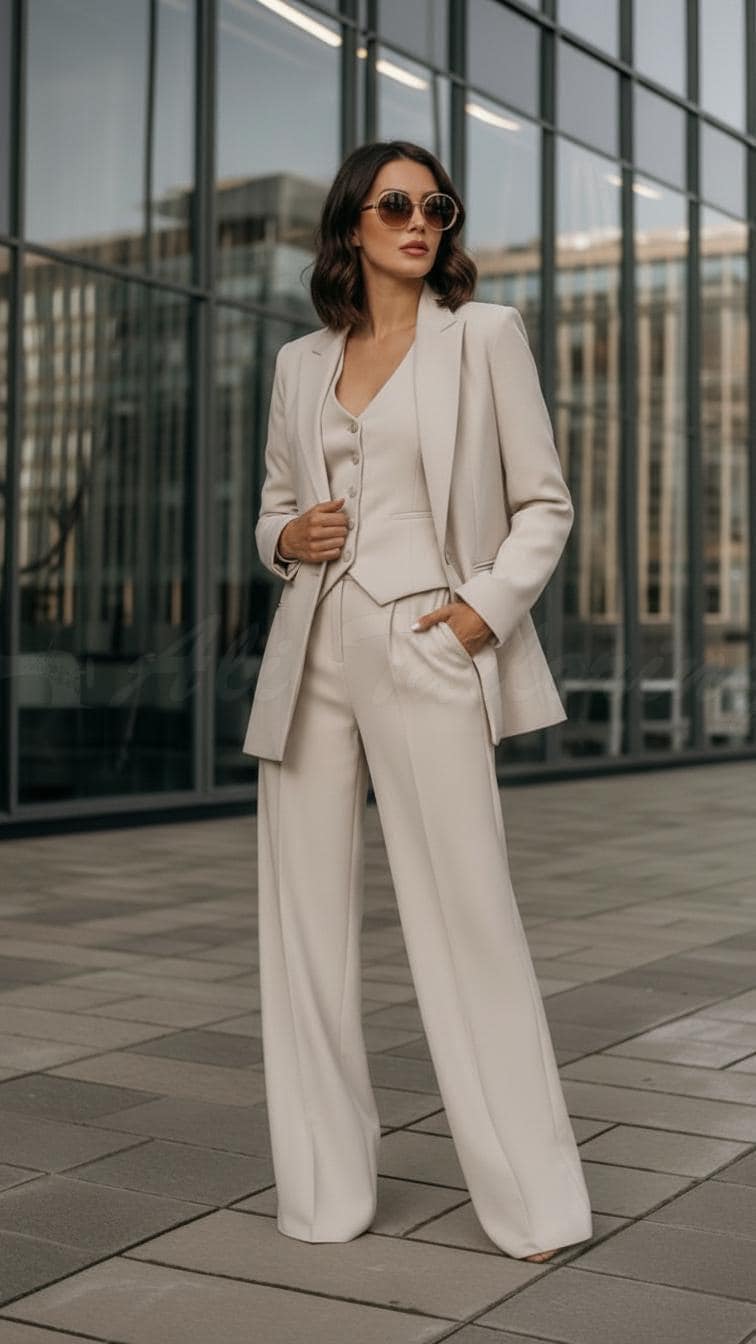 Light Cream Tailored Suit Set With Oversized Blazer — Classy Cream Outfits