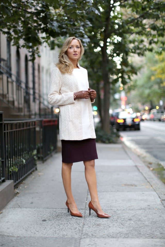 Cream Textured Coat with Burgundy Skirt and Brown Pointed Toe Heels — Classy Cream Outfits