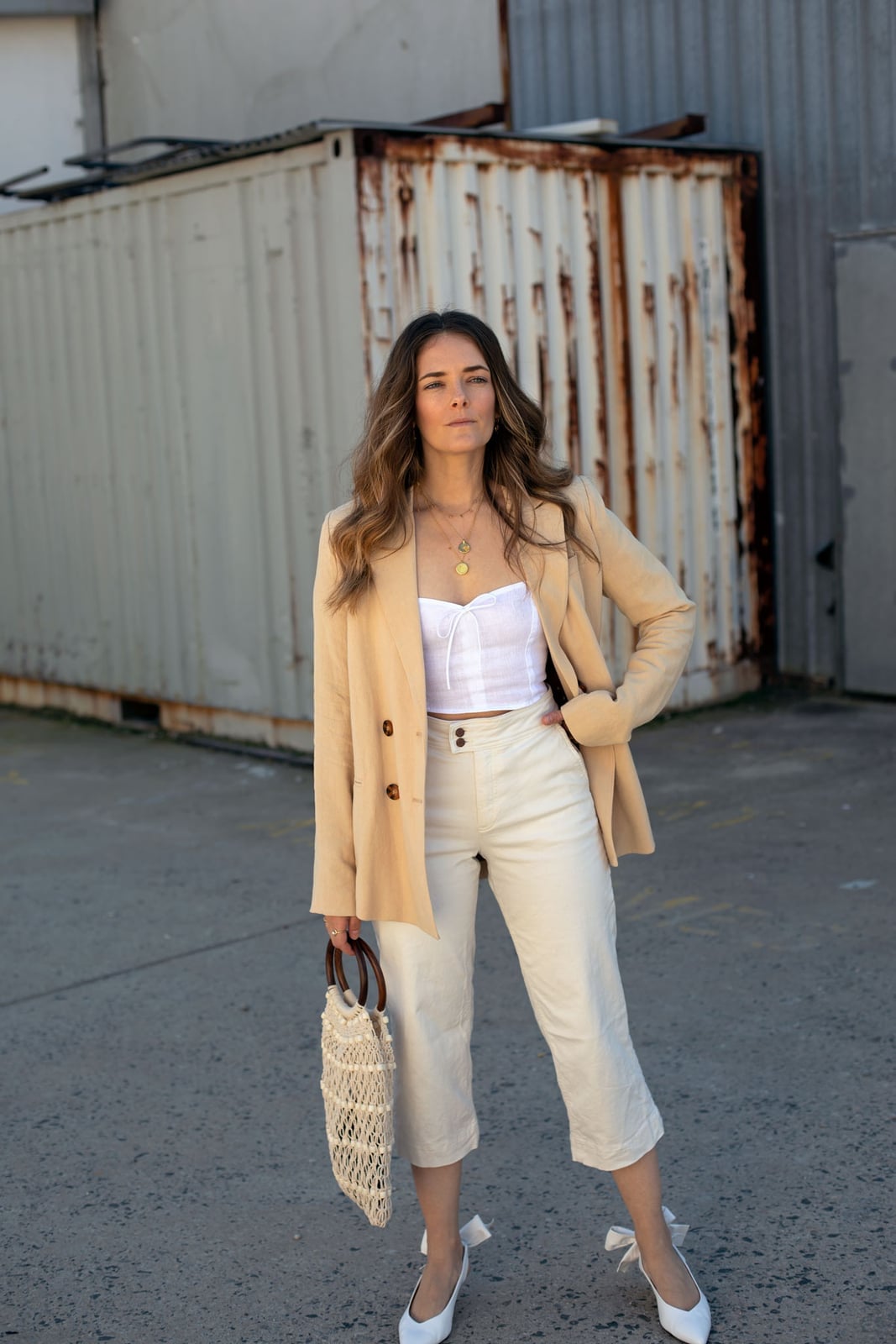 Cream Corset Top with Linen Blazer and Relaxed Fit — Classy Cream Outfits