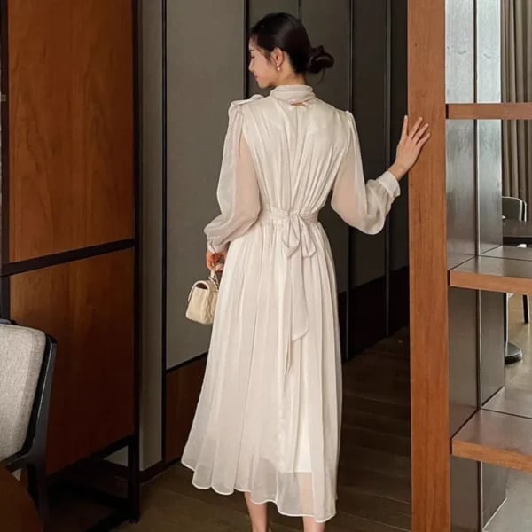 Cream Sheer Maxi Dress with Tie-Back — Classy Cream Outfits