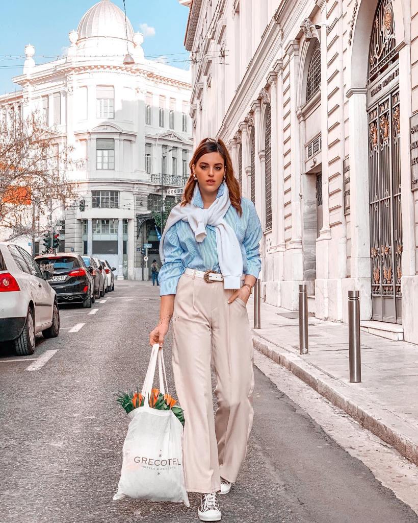 Cream Wide-Leg Trousers with Striped Shirt — Classy Cream Outfits