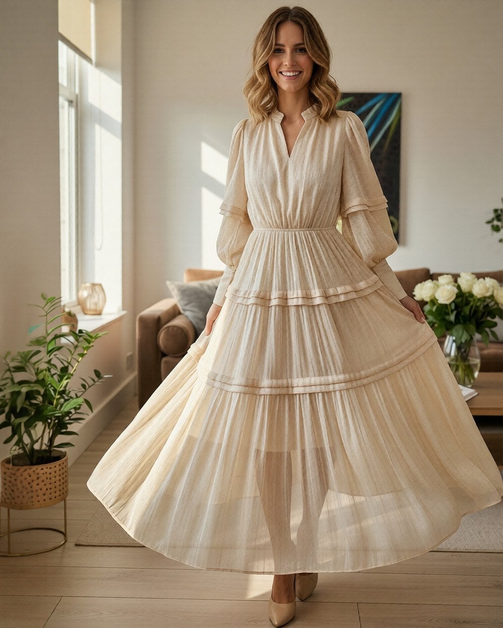 Elegant Cream Tiered Maxi Dress With Nude Pointed Heels — Classy Cream Outfits