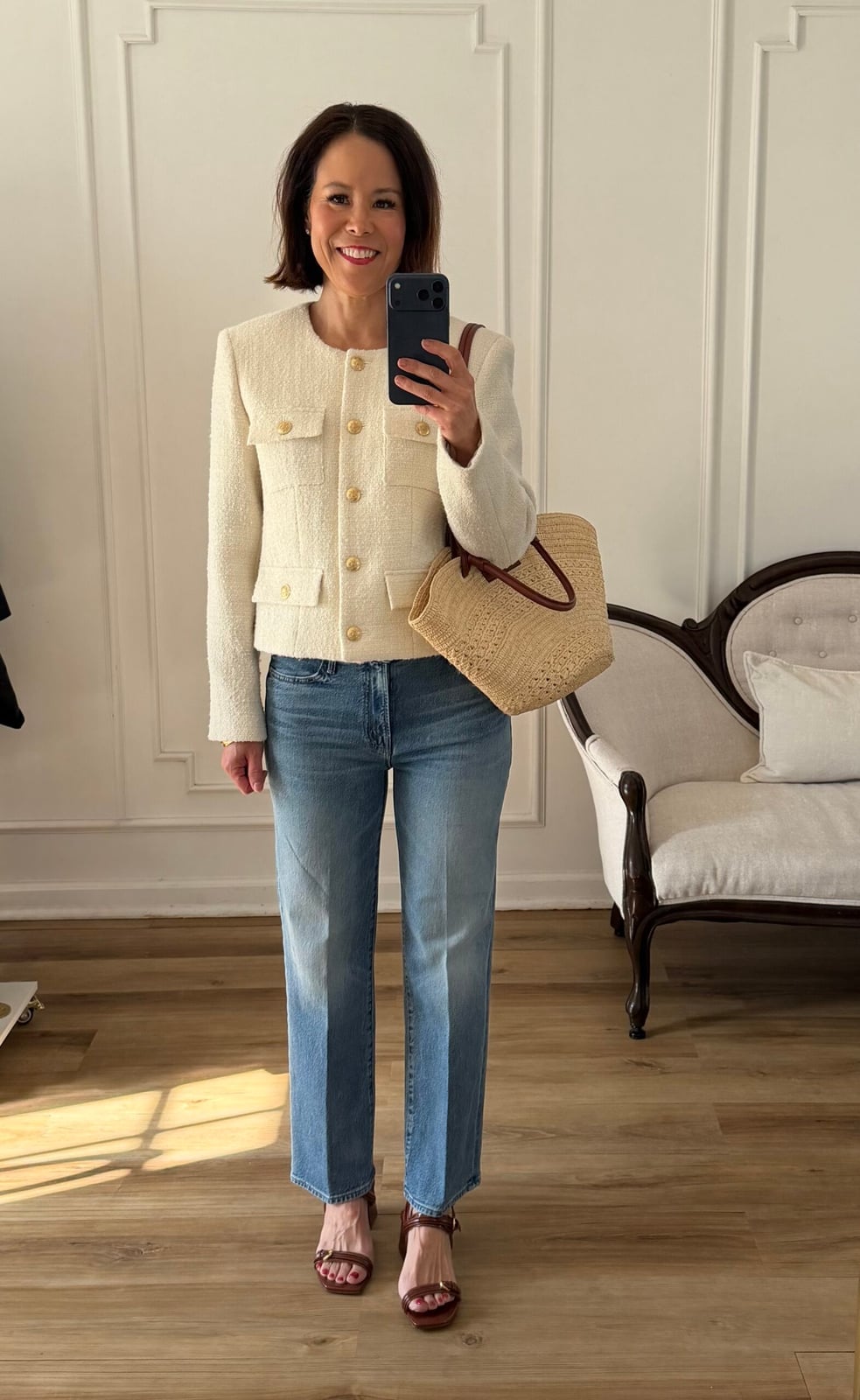 Cream Tweed Jacket with Blue Jeans — Classy Cream Outfits