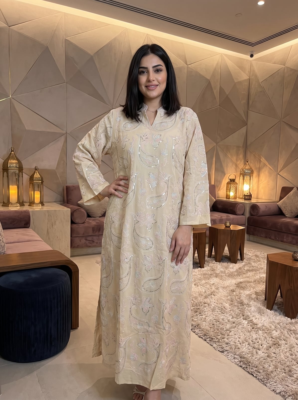Cream Maxi Kaftan Dress with Pastel Embroidery — Classy Cream Outfits
