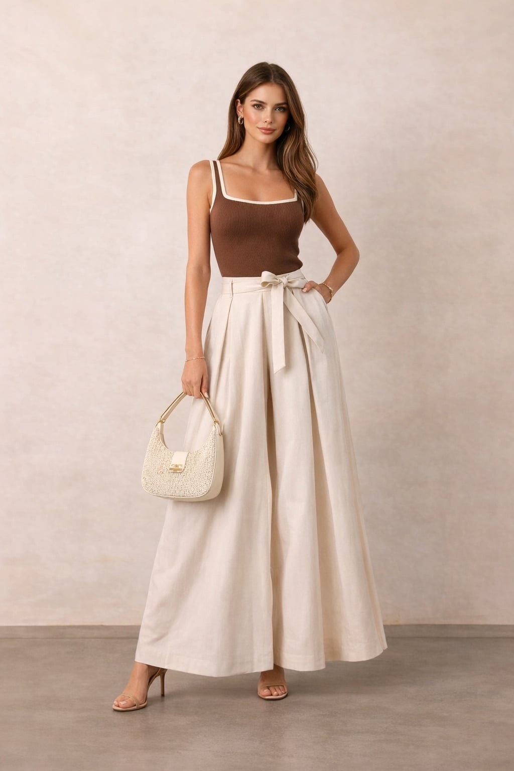 Cream Wide-Leg Pants with Brown Tank and Tan Heeled Sandals — Classy Cream Outfits