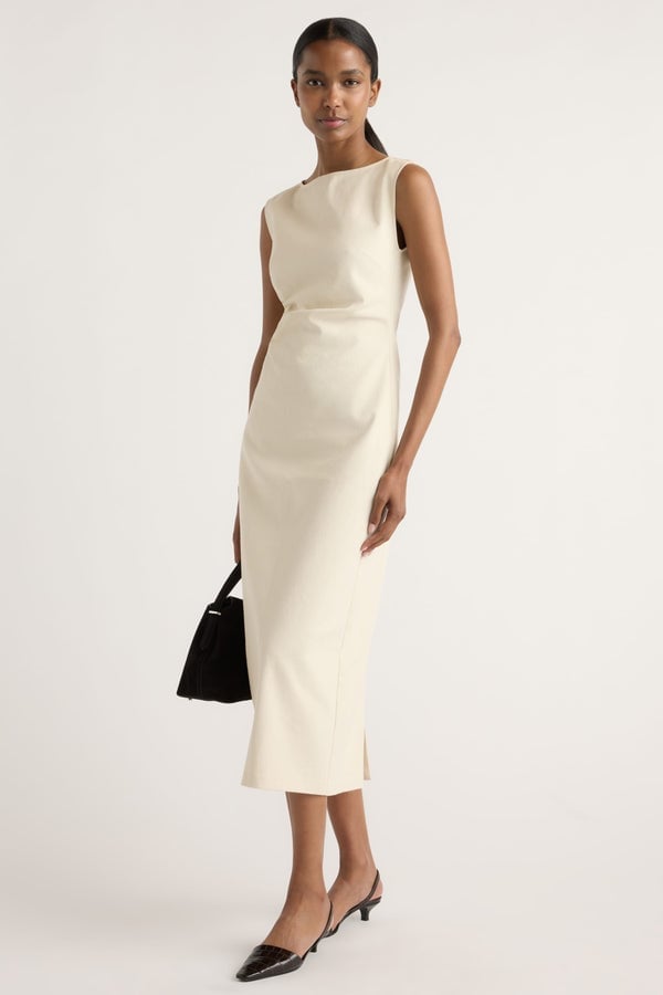 Sleeveless Cream Linen-Blend Dress With Pointed Toe Slingbacks — Classy Cream Outfits