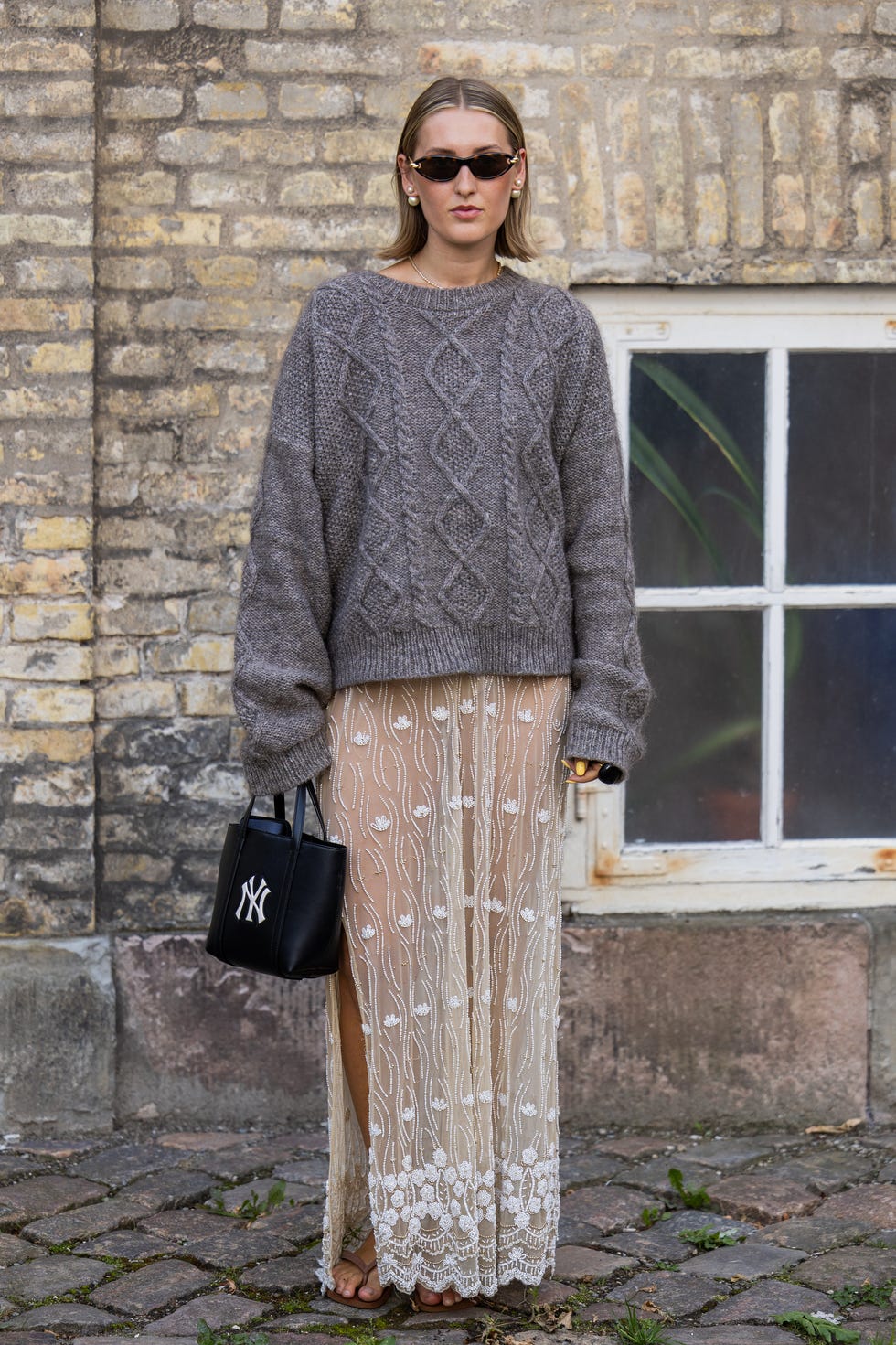 Gray Cable Knit Sweater With Sheer Lace Skirt — Classy Crewneck Outfits