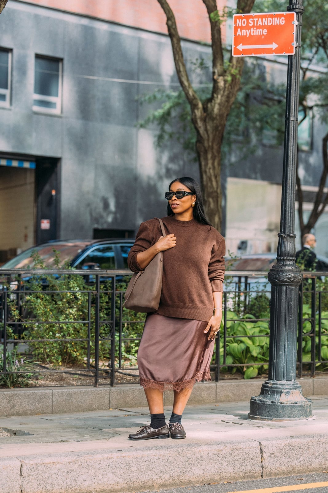 Brown Crewneck With Satin Slip Skirt — Classy Crewneck Outfits