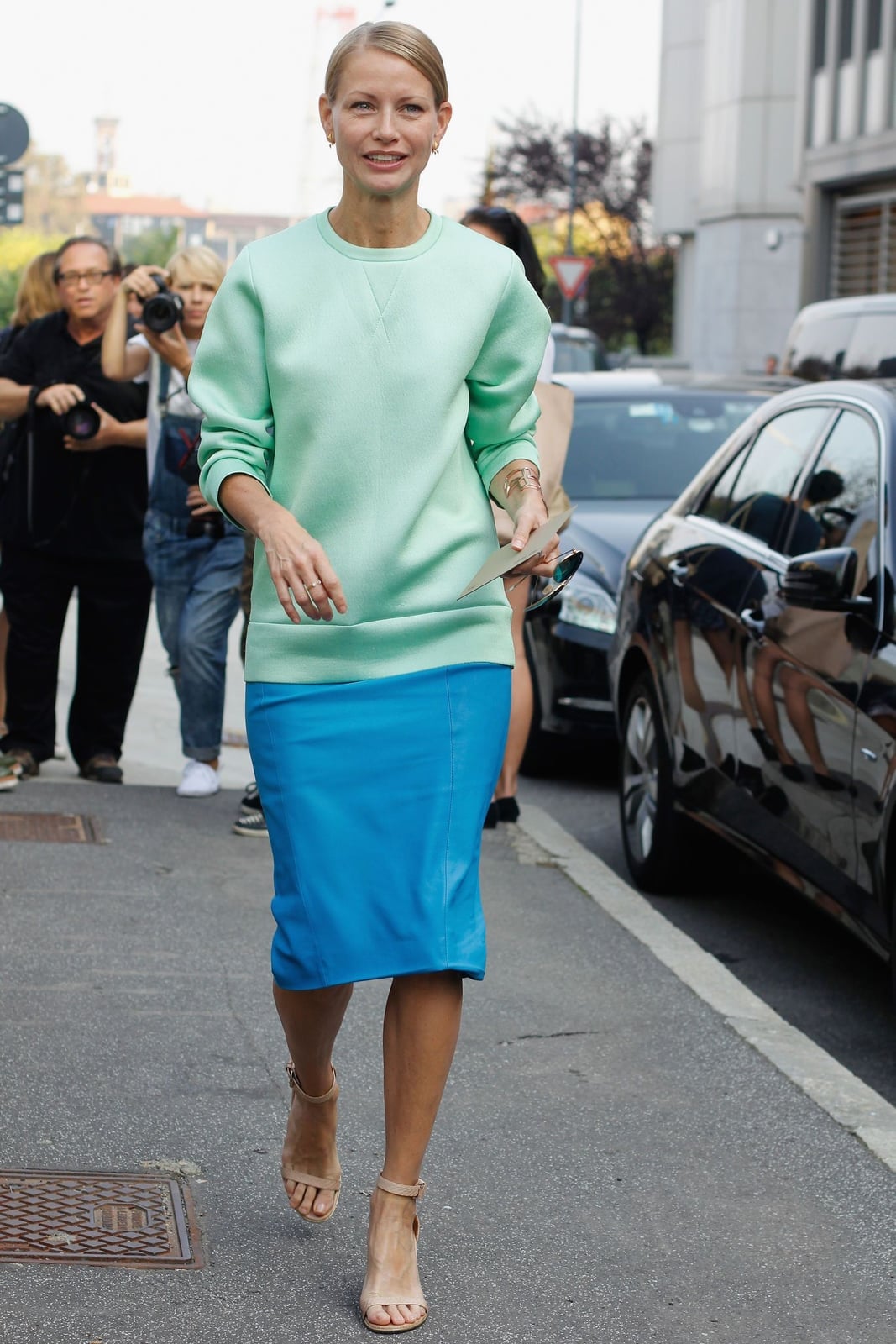 Mint Green Sweatshirt With Blue Leather Pencil Skirt — Classy Crewneck Outfits