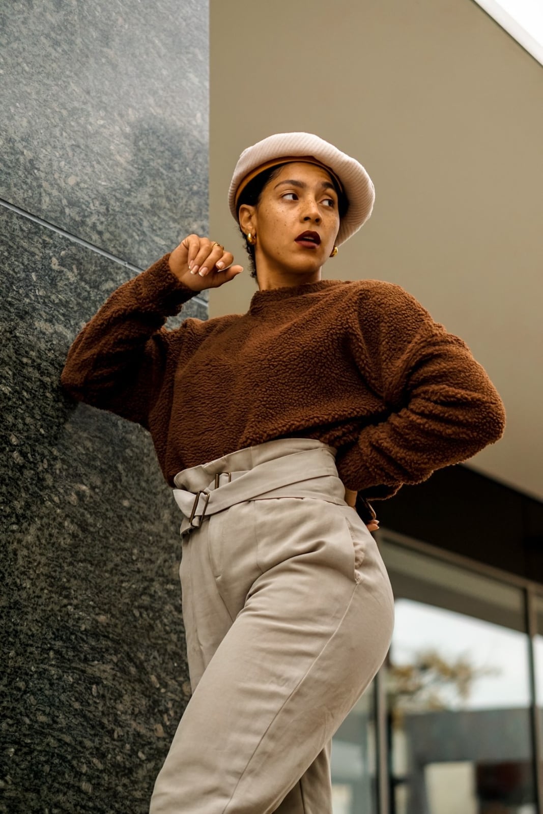 Brown Teddy Sweater With Beige Wide Leg Pants — Classy Crewneck Outfits