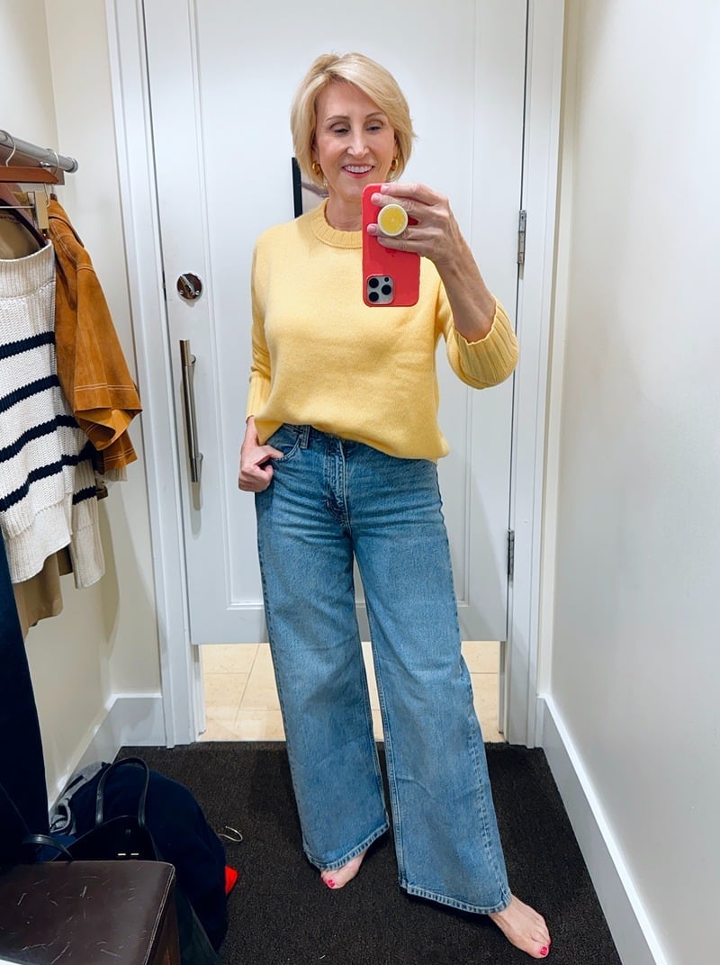 Yellow Crewneck Sweater With Light Blue Wide Leg, Office-Safe Version — Classy Crewneck Outfits