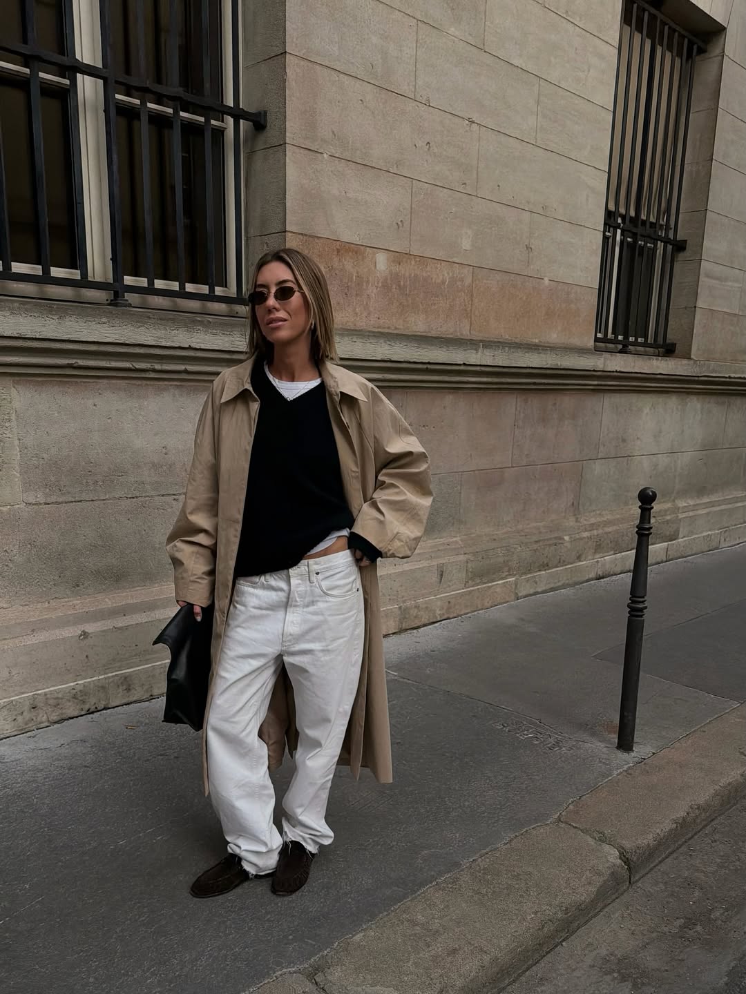 Beige Trench Coat Over Black Sweater And Cream Jeans — Classy Crewneck Outfits