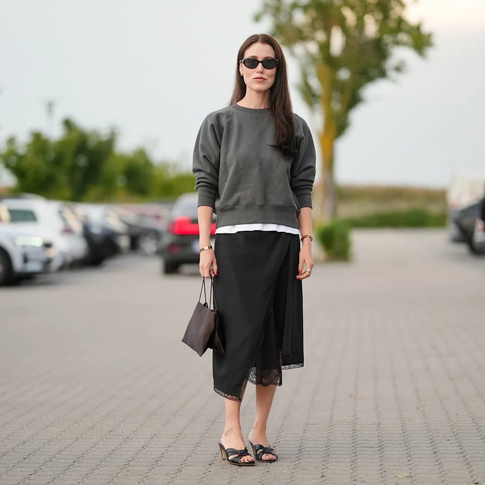Gray Crewneck Sweatshirt With Lace Trim Skirt — Classy Crewneck Outfits