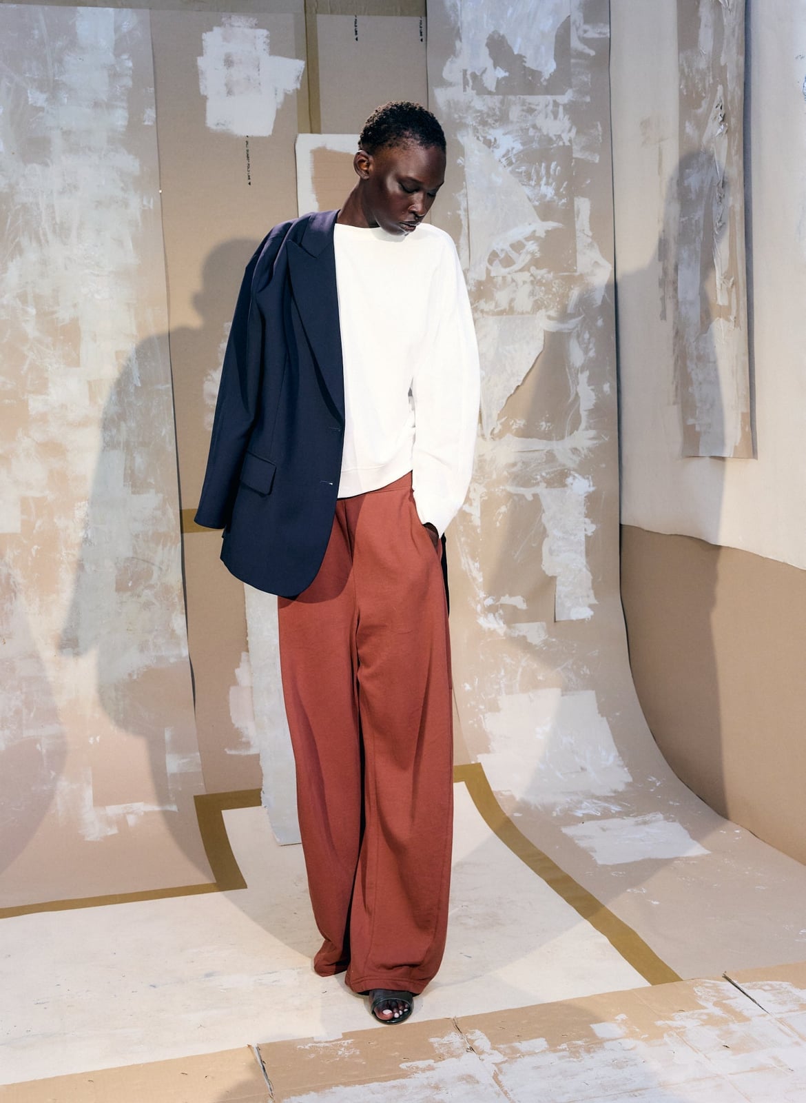 White Crewneck With Rust Trousers And Navy Blazer — Classy Crewneck Outfits