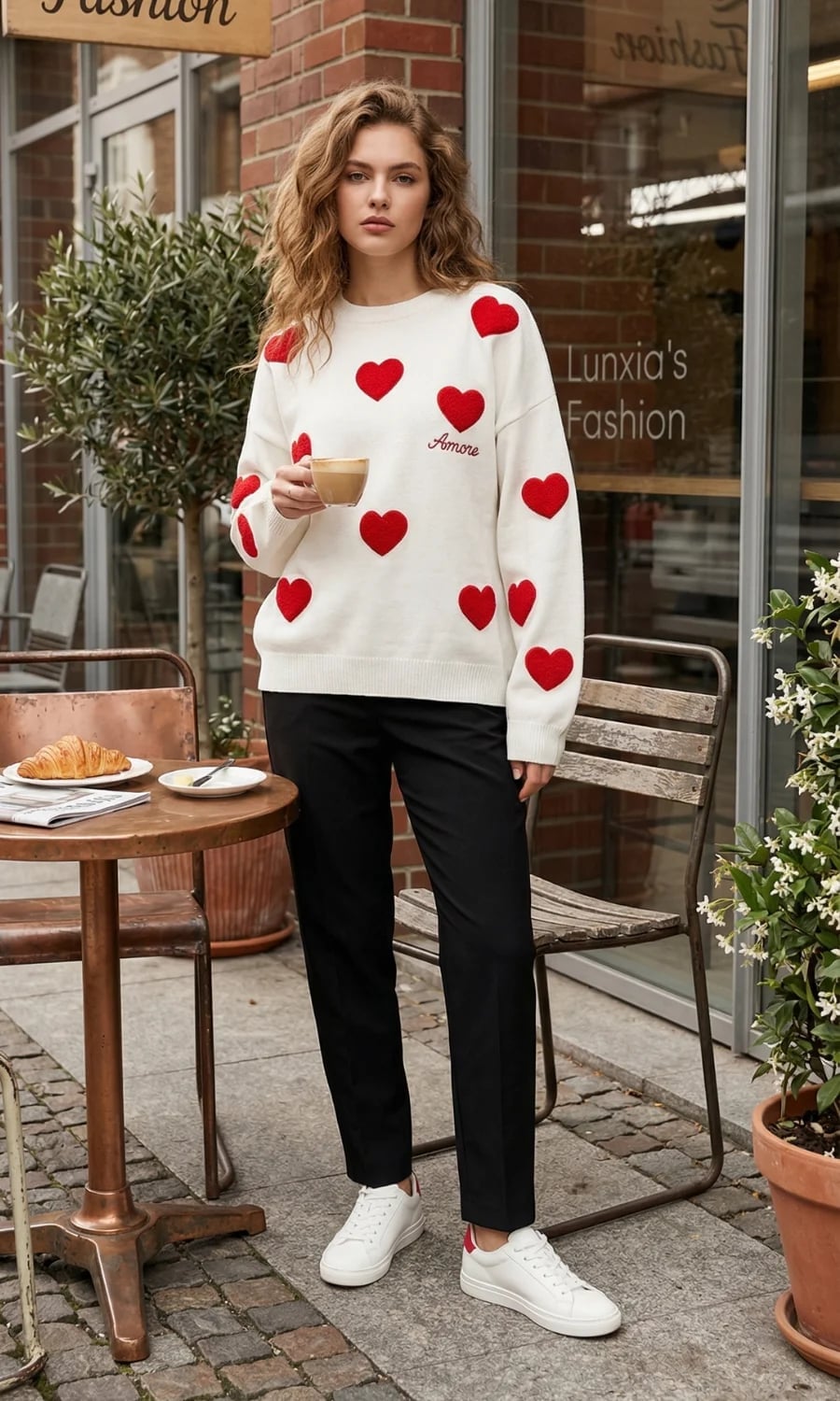 White Crewneck With Red Hearts And Black Trousers — Classy Crewneck Outfits