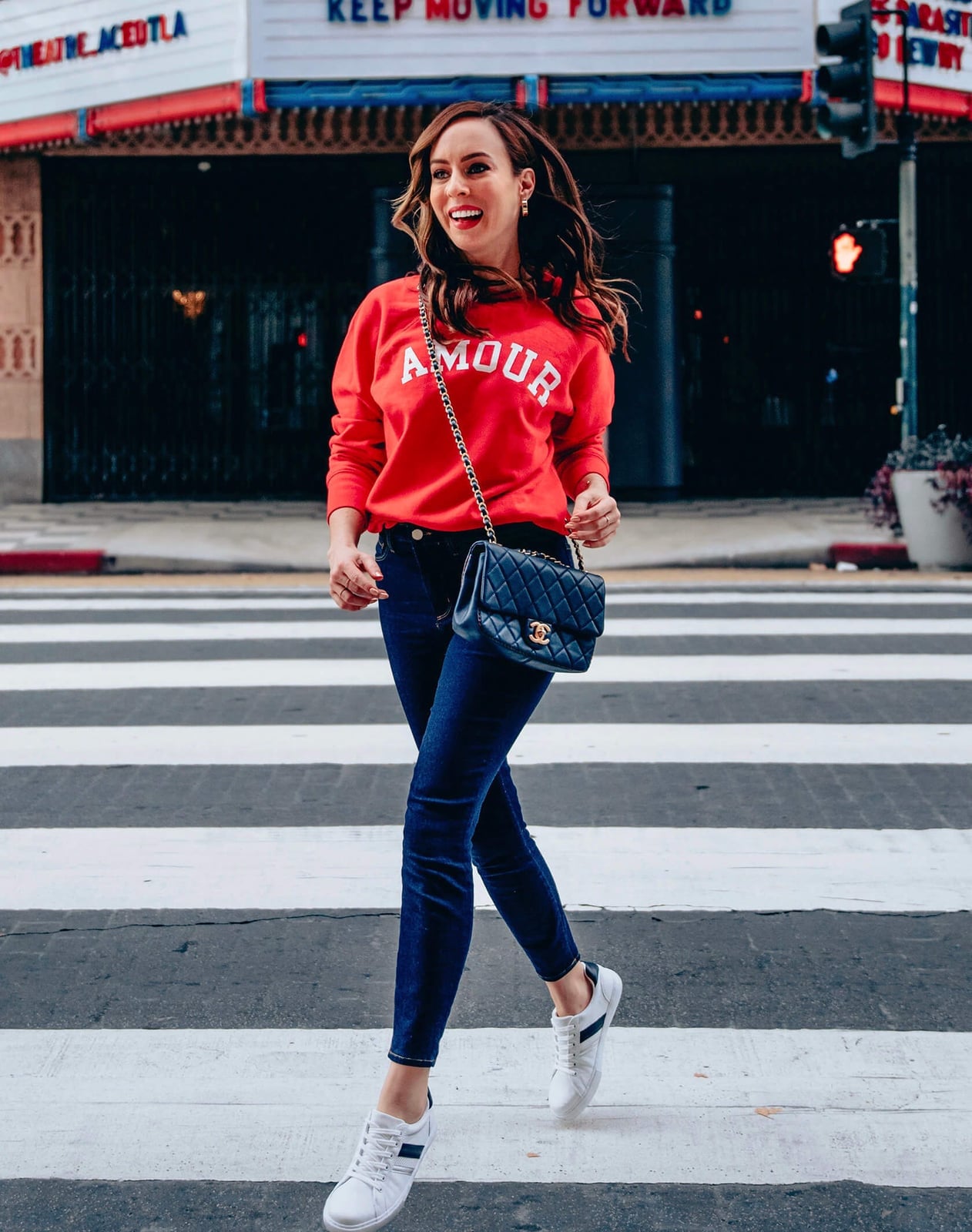 Red 'Amour' Sweatshirt With Dark Blue Jeans — Classy Crewneck Outfits