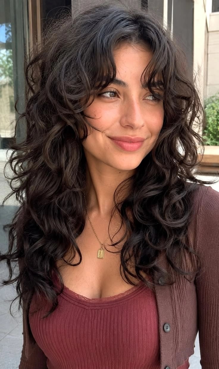 Shag Layers With Collarbone Curtain Bangs, Dark Brown Shag Layers With Collarbone Curtain Bangs, Dark Brown — Classy Curly Hair Layers
