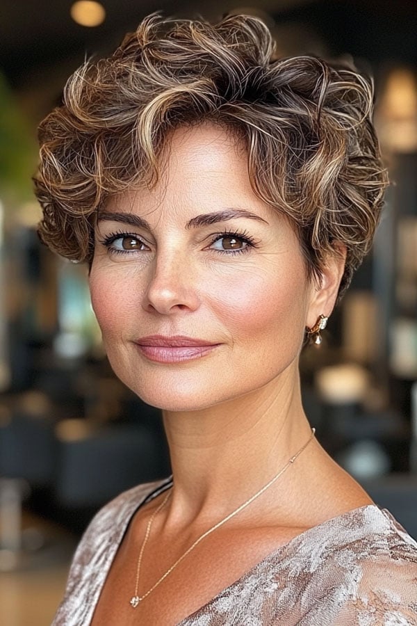 Brown Blonde Highlight Pixie With Curtain Bangs Brown Blonde Highlight Pixie With Curtain Bangs — Classy Curly Pixies