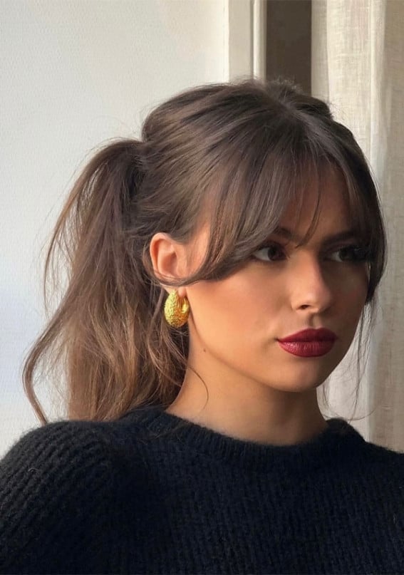 Mid-Back Ponytail With Curtain Bangs — Classy Cut Bangs