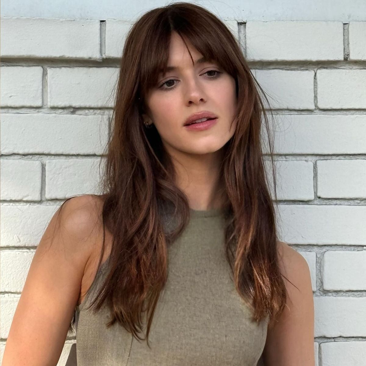 Collarbone Long Layers With Wispy Curtain Bangs, Medium Brown — Classy Cut Bangs
