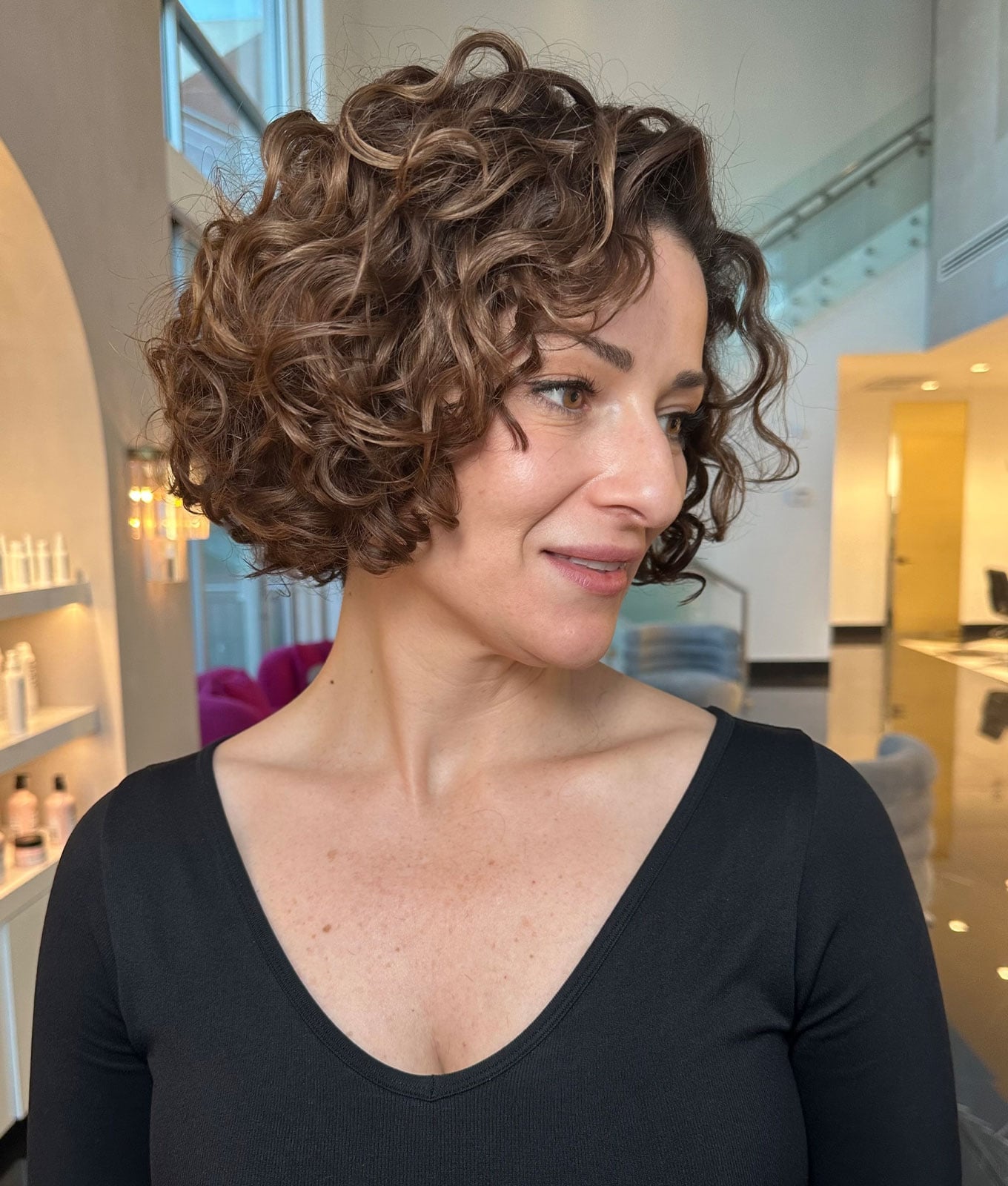 Curly Thick Bob With Caramel Highlights Curly Thick Bob With Caramel Highlights — Classy Cut Bob