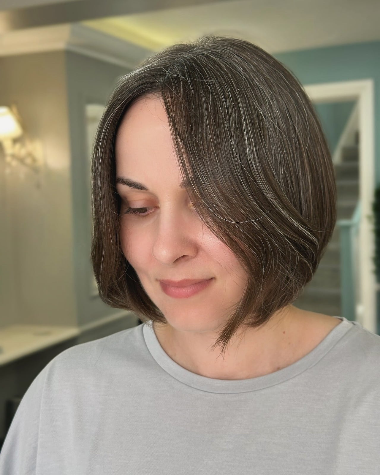 Fine Dark Brown Bob With Gray Highlights Fine Dark Brown Bob With Gray Highlights — Classy Cut Bob