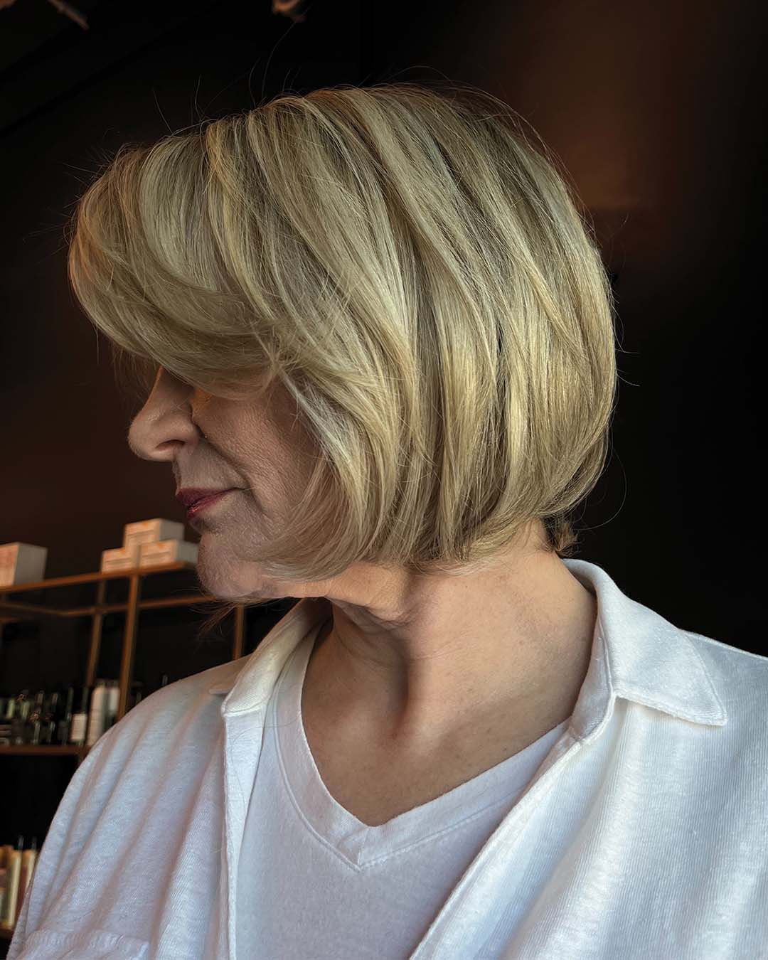 Blonde Bob With Layers And Side-Swept Bangs, Chin Blonde Bob With Layers And Side-Swept Bangs, Chin — Classy Cut Bob