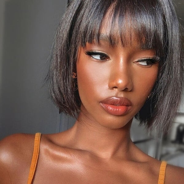 Dark Brown Bob With Blunt Straight-Across Bangs Dark Brown Bob With Blunt Straight-Across Bangs — Classy Cut Bob
