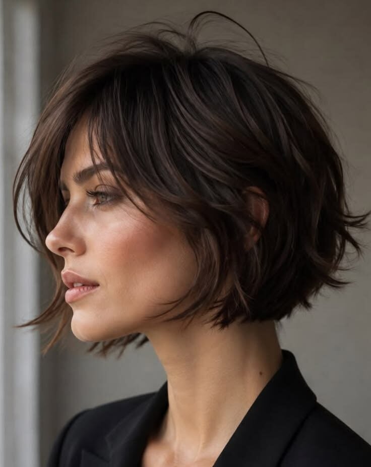 Textured Choppy Bob With Curtain Bangs, Chin Textured Choppy Bob With Curtain Bangs, Chin — Classy Cut Bob