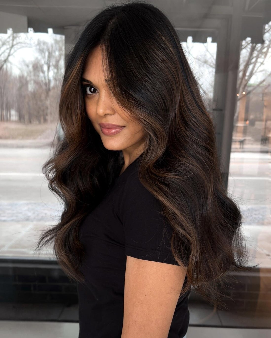 Mid-Back Wavy Dark Brown Side Part Mid-Back Wavy Dark Brown Side Part — Classy Dark Brown Hair with Caramel