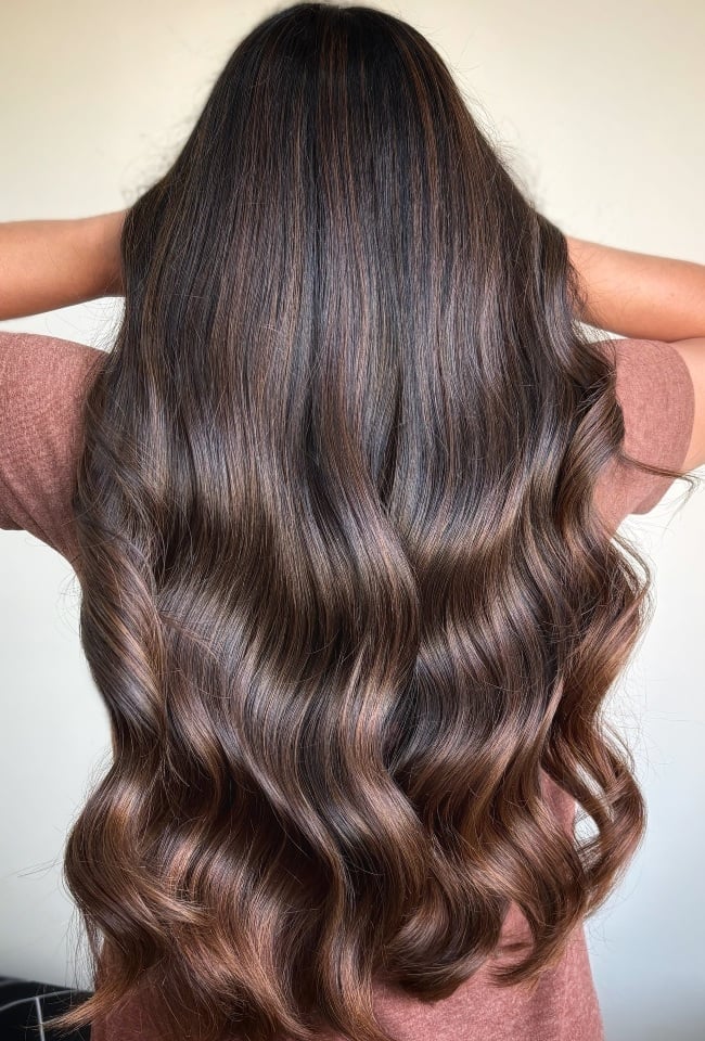 Mid-Back Chocolate Brown Caramel Highlights Waves Mid-Back Chocolate Brown Caramel Highlights Waves — Classy Dark Brown Hair with Caramel