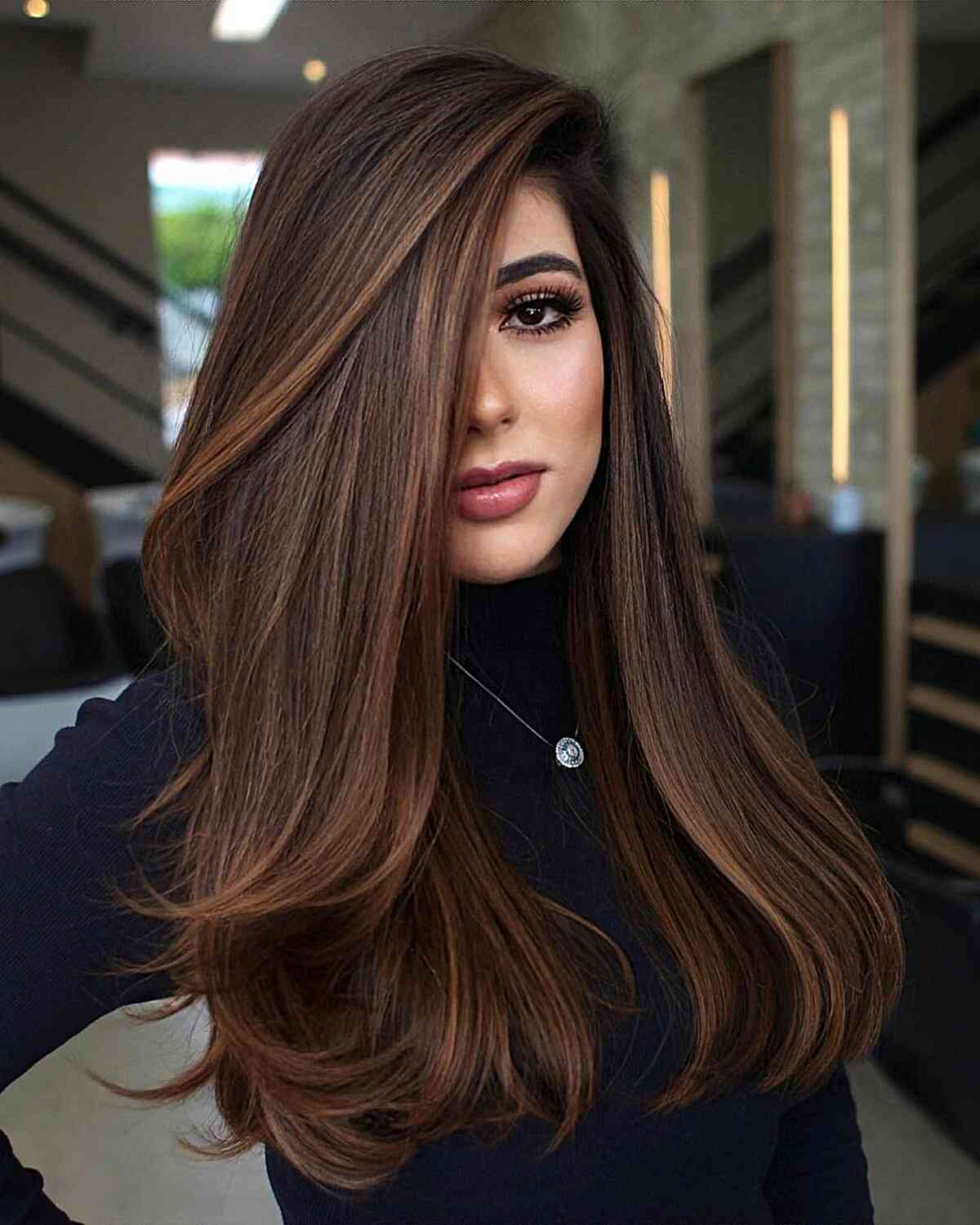 Shoulder Length Dark Brown With Caramel Balayage Shoulder Length Dark Brown With Caramel Balayage — Classy Dark Brown Hair with Caramel
