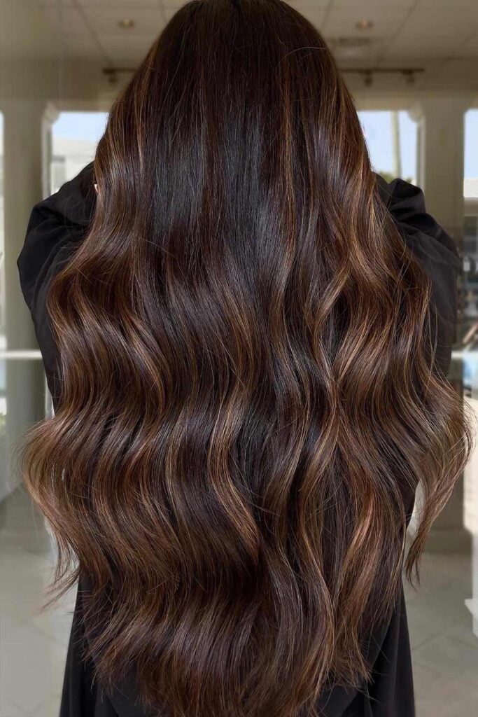 Mid-Back Dark Brown Dimensional Caramel Balayage, Layers Mid-Back Dark Brown Dimensional Caramel Balayage, Layers — Classy Dark Brown Hair with Caramel